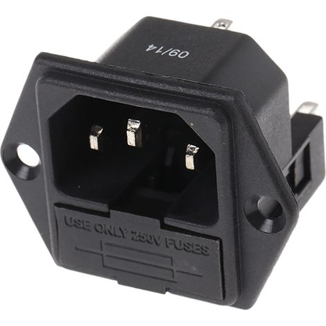 Rs Pro – Connecteur IEC mâle C14 – Montage panneau – 10A – 250V – 2 fusibles – Raccordement à souder ou Faston (1/2)