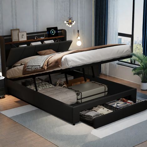 Lit coffre 140x190 avec sommier&2 tiroirs, cadre de lit avec led et port usb, tête de lit avec étagères ouvertes et rangement, gris lin (1/5)