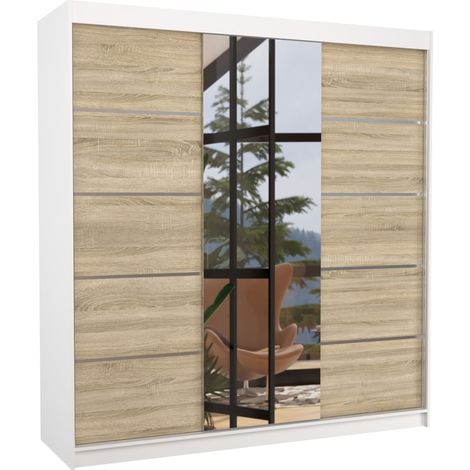 Armoire chambre adulte 2 portes coulissantes bois blanc et bois clair avec miroir Baker 200cm (1/5)