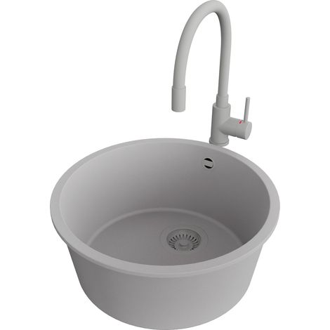 PRIMAGRAN Evier Sous Plan 46x46cm,Evier en Granit 1 bac + Robinet 38x14cm + Kit de Vidage, Évier au meuble 50cm - La Valette, Gris (1/5)