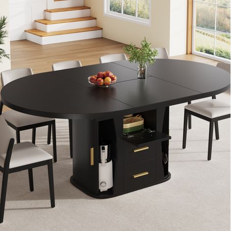 Ausziehbarer Esstisch 118-158x118x77 cm MDF Schwarz mit Stauraum, platzsparend – MEUBLIV (1/5)