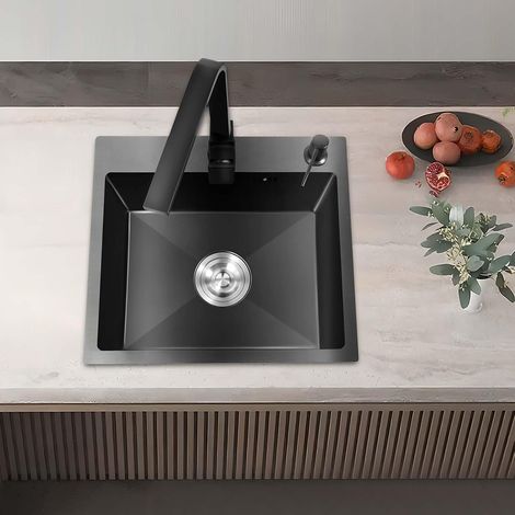 40X45Cm ÉVier Cuisine Evier Inox 1-Bac Avec Savon Egouttoir Panier D'éGouttage Robinet Rotatif Chaude Froide Mobilier Encastré Meubles Kit Encastrer Comptoir Montage Lavabo Moderne Gris noir (1/5)