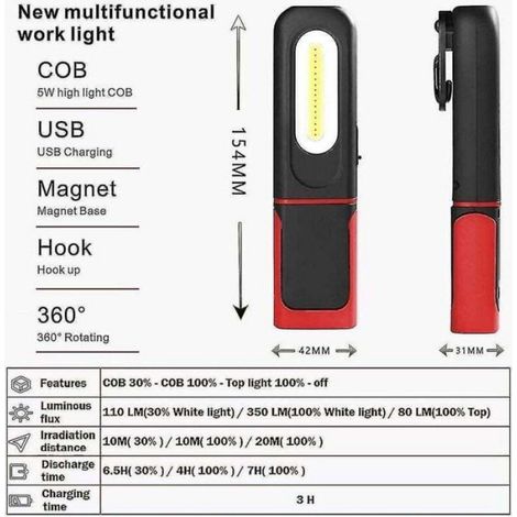 Lampe travail LED rechargeable 2‑en‑1, rotation 360°, base magnétique et crochet (1/4)