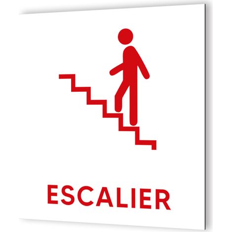 Pictogramme Escalier Gauche - Panneau signalétique Dibond aluminium - Blanc et rouge - 20x20 cm, 3 mm, fixation multiple (1/5)