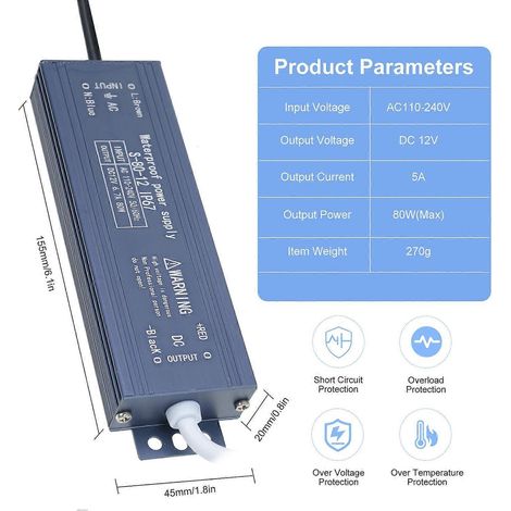 IP67 Wasserdichter LED-Treiber-Schaltnetzteil-Transformator-Adapter AC 110V-240V auf DC 12V 80W Konstant