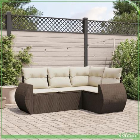 Salon de jardin - Ensemble 4 pcs modulable - Résine tressée marron - Coussins crème - Structure acier (1/5)