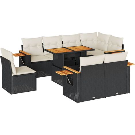 Salon de jardin avec coussins 9 pcs Mobilier de jardin noir résine tressée acacia (1/5)