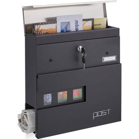 Relaxdays Briefkasten mit Zeitungsfach, Sichtfenster, HBT 37x37x11 cm, 2 Schlüssel, Stahl, moderner Postkasten, schwarz