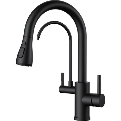1 Robinet Cuisine 3 Voies, Acier Inoxydable 304, Douchette Extractible, Bec Pivotant 360°, Noir Mat