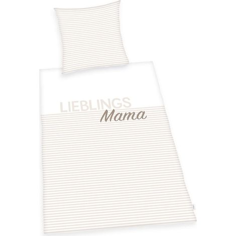 Parure lit avec Inscription, Housse Coussin env. 80x80 cm, Housse Couette env. 135x200 cm, avec Fermeture éclair Facile à Manipuler, 100% Coton, Renforcé Blanc/Beige (1/2)