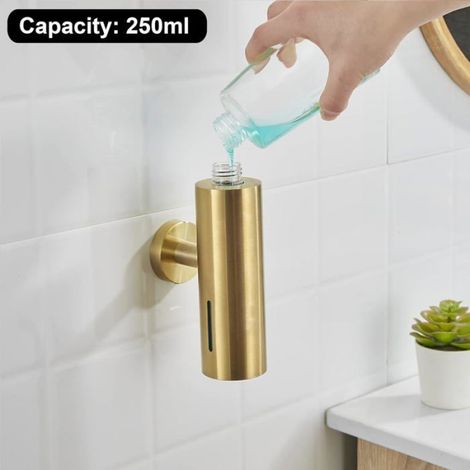Distributeur de savon doré 250 ml, recharge pour shampoing, liquide vaisselle, design rond élégant Label (1/4)