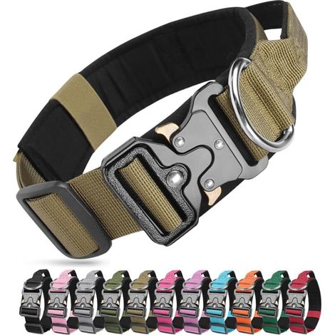Collier de Chien Tactique, Militaire Collier Réglable Nylon Chien avec Poignée, Colliers pour Chiens Rembourré avec Boucle en Métal pour Chiens de Taille Moyenne Grand Entraînement (Kaki, M)-DOU (1/4)