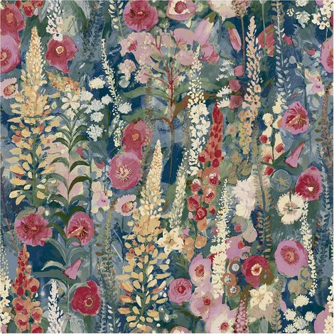 Watercolour Floral Wallpaper Lupin Navy Pink Red Yellow Flower Home Decor (1/4)