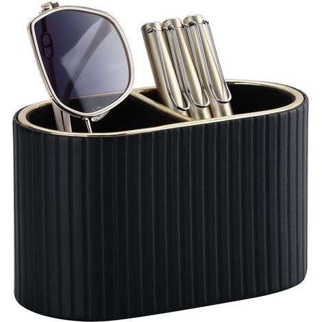 Schreibtisch-Stiftehalter aus Leder – Stilvoller Stiftehalter mit zwei Fächern, Fernbedienungshalter, Organizer für Bürobedarf und Accessoires, ideal für Büro, Zuhause und Schule (Schwarz)