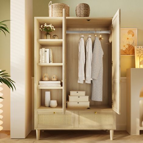 Armoire Penderie en Cannage Rotin 180x120x50 cm, 2 Portes avec 2 Tiroirs, tringle vêtements, Style Bohème Chic - Chêne