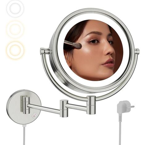 Magnifying Wall Mirror with Lighting – 3 Light Colours – with Flexible Arm – Double-Sided – Extendable Bathroom Mirror, Brushed Nickel, Diameter 20 cm (1/4)