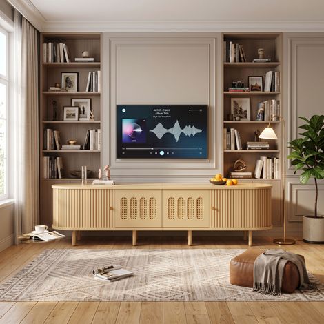 Creahappy Meuble TV 180x40x40 cm avec Cannage Rotin et Portes Coulissantes - Optimisation de l'Espace Salon - Bois Clair pour TV 75" (1/5)