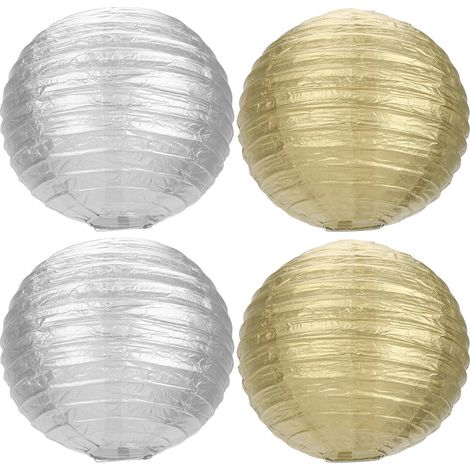 Lot de 4 lanternes en papier sphériques dorées et argentées, artisanales à suspendre, avec armature en fer.