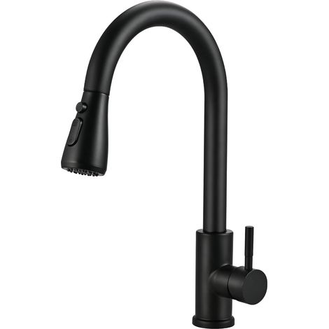 Robinet de cuisine (noir mat) avec douchette extractible, mitigeur pivotant à 360°, robinet d'évier à arc élevé, acier inoxydable, 3 modes, douchette extractible