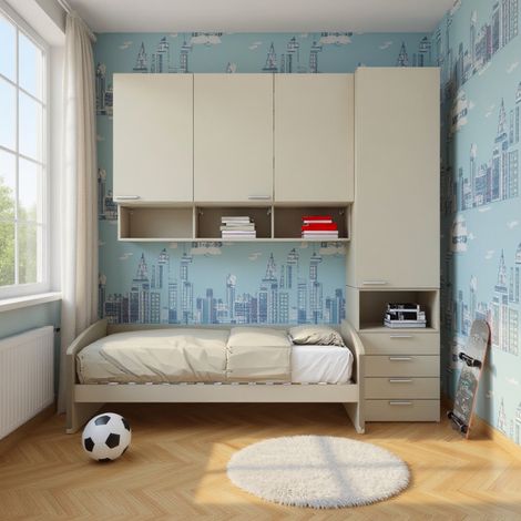 Cameretta a mezzo ponte con divano letto, armadio e cassettiera - Ecru cappuccino