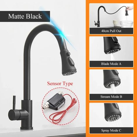 (Noir mat1) Robinet de cuisine avec filtre à capteur tactile, douchette extractible, robinet d'eau pure, mitigeur d'évier noir à double poignée (1/5)