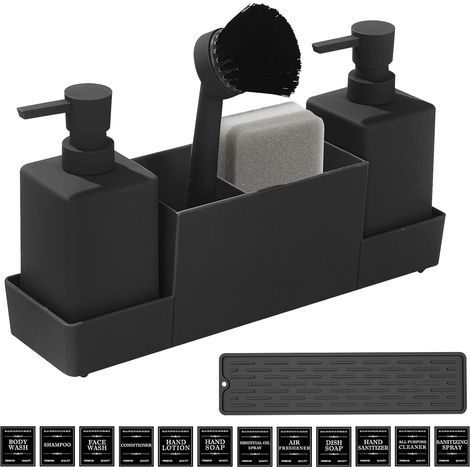 Dispenser di sapone in spugna: dispenser di sapone da cucina con spugna per piatti, organizer per lavello, organizer con spazzola e due dispenser di sapone con tappetino antiscivolo per (1/5)