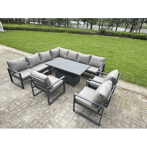 Fimous 9 Piece L-shaped Garden Furniture Set 10-Seater Aluminium Outdoor Dining Set with Adjustable Rising Lifting Dining Table 3 Chairs Dark Grey (1/5)