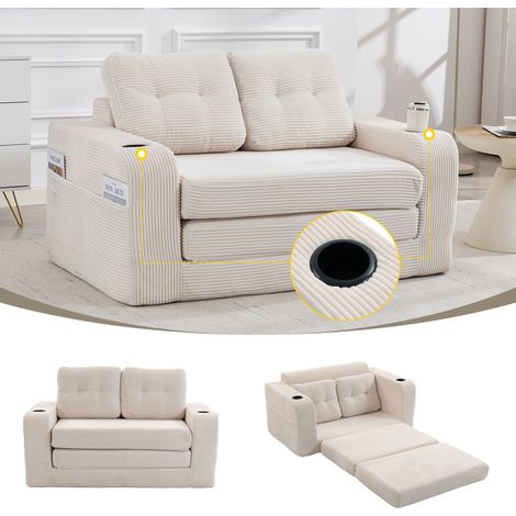 Canapé 2 places en velours côtelé avec porte-gobelets et poches latérales, pouf convertible sans cadre avec coussins matelassés - Beige (1/5)
