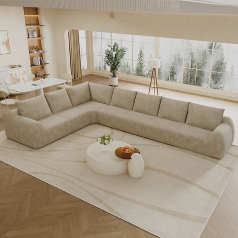 Canapé d'angle en L, canapé modulable 7 places en tissu chenille kaki, sans cadre, mousse haute élasticité, livré compressé sans montage, 401 × 267 × 85 cm, grand salon, appartement et espace détente
