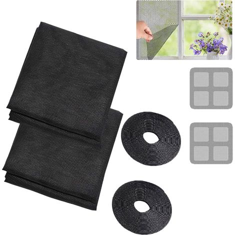 2x MOSKITONETZ FÜR FENSTER 1,3x1,5m SCHWARZ KLETTVERSCHLUSS SET + REPARATURFlicken
