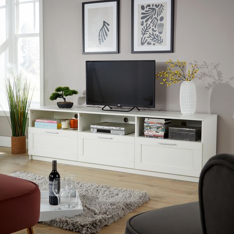 White TV Floor Stand with 3 Drawers Modern Media Console for Living Room Storage (1/5)