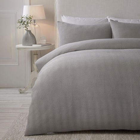 Housse de Couette gaufrée argentée pour lit Double (200 x 200 cm) - Douce au Toucher - Literie - Motif quadrillé - Argenté (1/3)