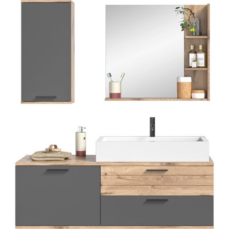 Badezimmer-Set: Waschtischunterschrank + halbhoher Schrank + Spiegel – Anthrazitgrau und helles Eichenholz – SELMA