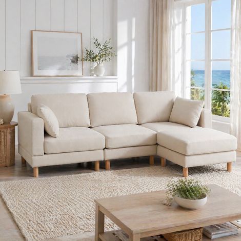 Sofá rinconera de 3 plazas con puf 235 x 152 x 78 cm, reversible, beige DESVIAE (1/5)