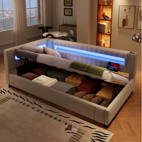 Tagesbett 90/200 cm beige aus Leinen mit LED-Beleuchtung und Stauraum (1/5)