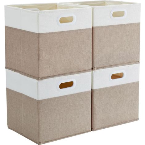 Boîte de rangement 25x25x25 cm, paniers de rangement en tissu sans plis pour vêtements, jouets (4 pièces, Kaki clair/Beige blanc) (1/5)