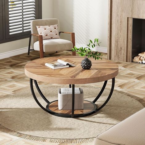 Tribesigns – Table basse ronde industrielle moderne 2 niveaux – Bois d'ingénierie et métal – Pour salon contemporain – Étagères pratiques — vue 2