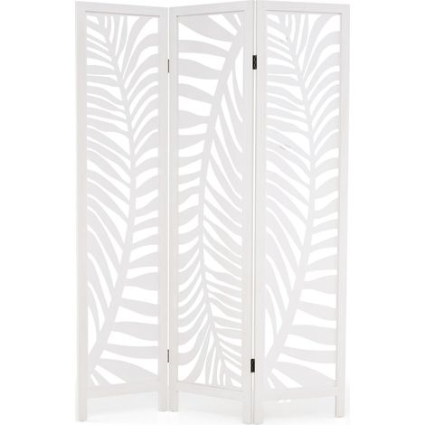 Paravento pieghevole a tre ante 121 x 170 cm con elegante motivo a foglie in legno di paulonia bianco 200013030
