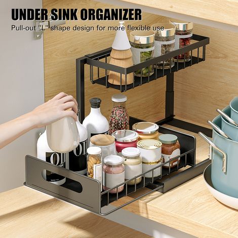 Organisateur sous évier, armoire extractible, étagère coulissante à 2 niveaux, rangement adapté aux organisateurs de cuisine et de salle de bains et (1/5)