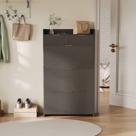 Scarpiera 77 cm con 3 ante, 2 cassetti e ripiano, maniglie dorate, capacità fino a 16 paia di scarpe - nero
