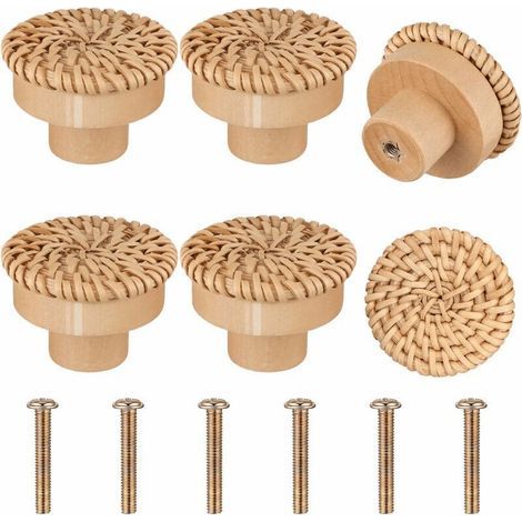 Lot de 6 boutons de meubles en rotin et bois, poignées de tiroir, boutons de porte ronds pour placards, armoires, commodes, meubles de cuisine - Marron (1/5)