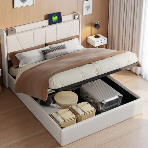 Lit Coffre 160x200 avec Rangement Lit Double Rembourré avec USB et Type C Cadre de Lit avec sommier à Lattes 2 Places pour Adulte & Ados Beige Lin (1/5)
