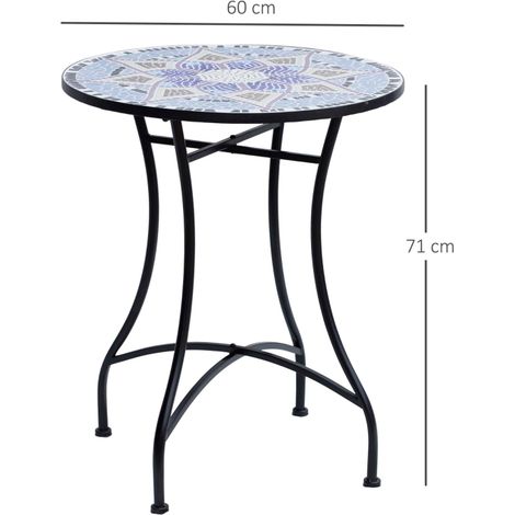 Table de jardin Ø60 x H71 cm, table de balcon en métal résistant aux intempéries, table de repas d'extérieur, table de camping, table d'appoint, table ronde pour jardin, terrasse, balcon, bleu et blan