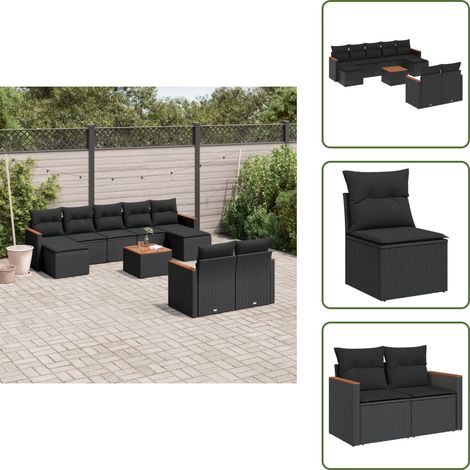 The Living Store Salon de jardin 10 pcs avec coussins noir résine tressée - Ensemble Salon De Jardin - Mobilier De Jardin - Salon Extérieur - Résine Tressée - Rotin Synthétique (1/5)