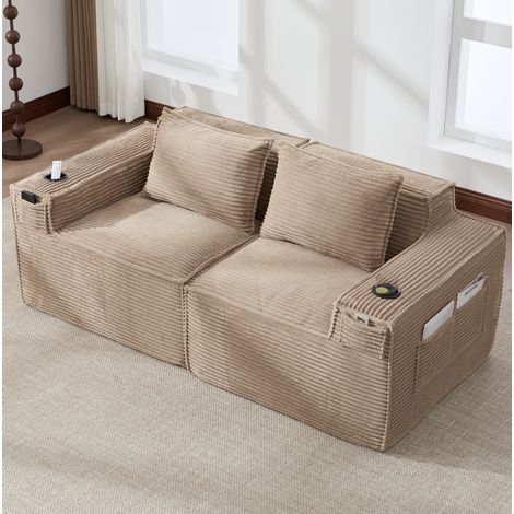 Divano modulare a 2 posti 188x90x75 cm, con portabicchieri e tasche laterali, imbottitura in schiuma e molle, tessuto corduroy khaki (1/5)