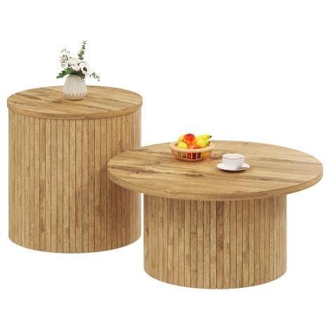 Table basse, table ronde double, table d'appoint à lattes en bois naturel. Table de salon multifonctionnelle.