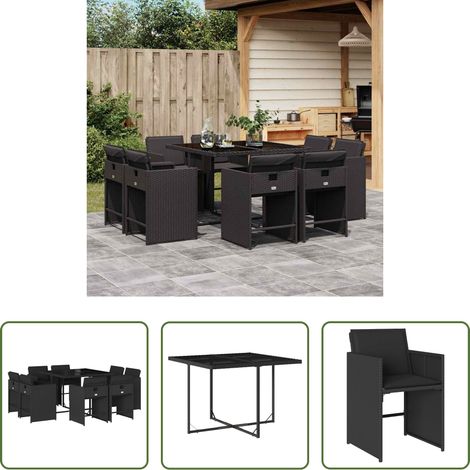 vidaXL Gartenstuhl - 9-tlg. Garten-Essgruppe mit Kissen Schwarz Poly Rattan (1/5)