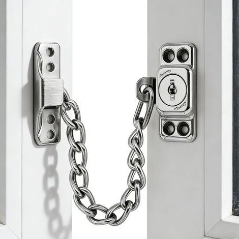 2 - Verrou De Sûreté - Chaîne De Sécurité - Pour Fenêtre Et Porte Avec Clé - Protection Enfants Et Animaux - Acier Inoxydable - Argenté - 15x5cm