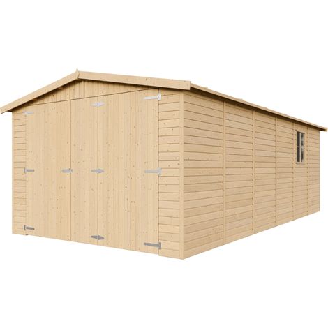 GARAGE en bois Naturel - Chalet en Pin / épicéa- H222X616x324 cm/18 m² - Construction de panneaux- Rangement pour vélos, remise à outils-TIMBELA M102