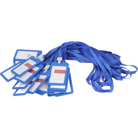 Lot de 20 porte-badges d'identification avec cordon, en plastique double face, bleu, pour étudiants et employés. (1/5)